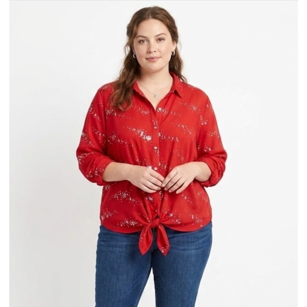 New NY Collection‎ Red Sparkling Tie Front Long Sleeve Button Down 3X Festival